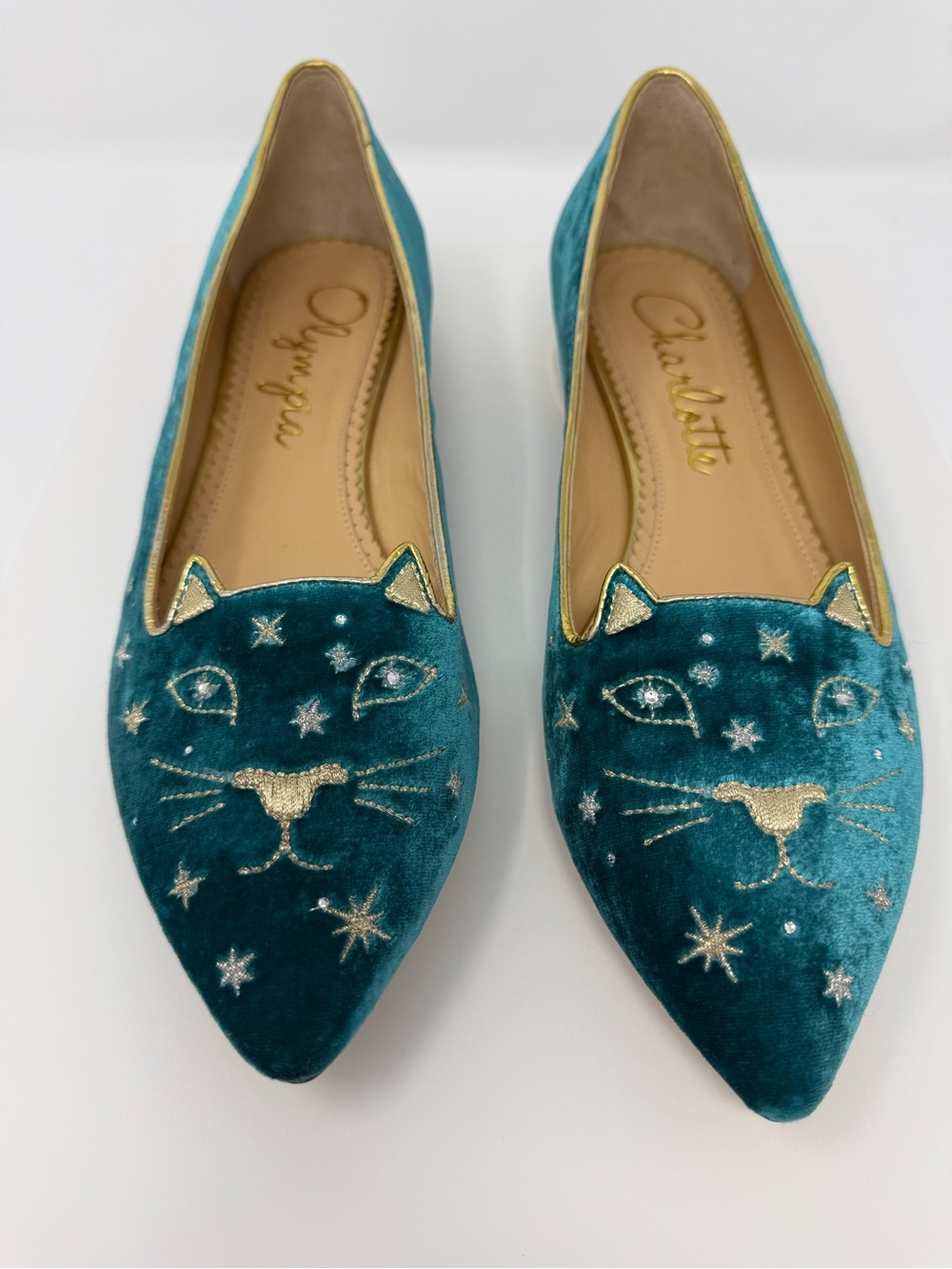 Charlotte Olympia Mid-Century Kitty Flats Hydrogen Blue Gold Velvet Cat, U.S. 9